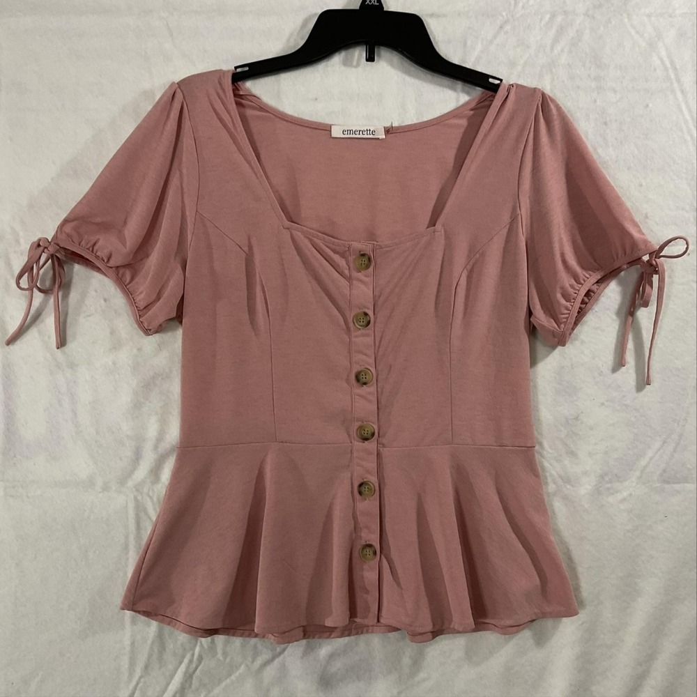 Emerette Blouse Womens Large Pink Button Front Ruffle Peplum‎ Top Short Sleeve
